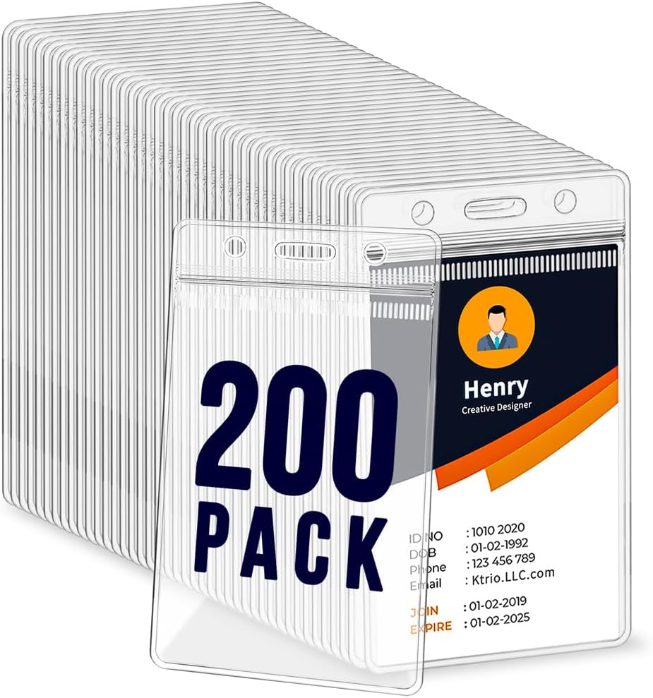 200 Pack Vertical ID Badge Holder for Lanyard - Clear PVC Cards