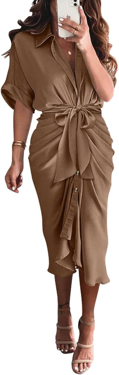 BTFBM Women Button Down Ruched Shirt Dress for Summer Events
