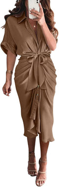 Women Button Down Ruched Satin Maxi Dress - Flattering V Neck