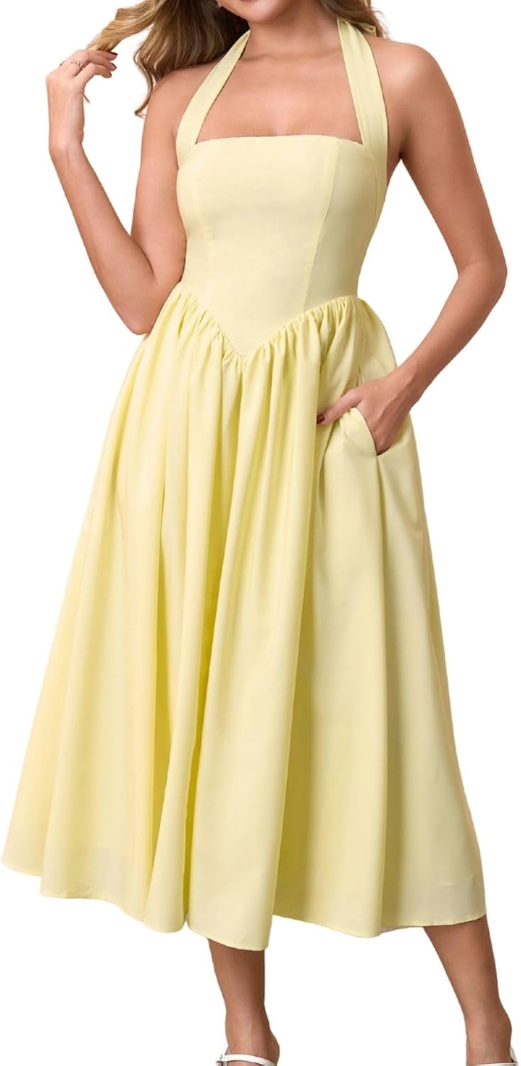 Parthea Women's Summer Halter Corset Midi Dress for Weddings