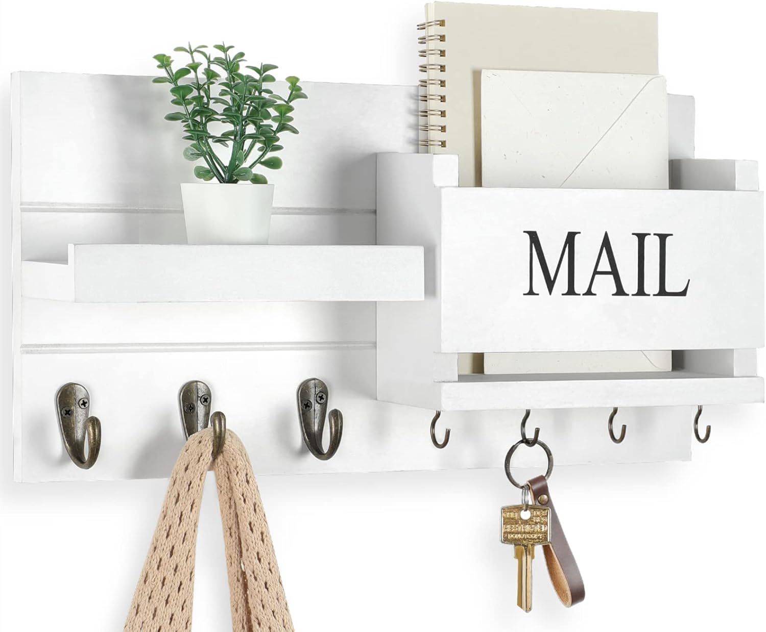 Mail Organizer for Wall Mount with Shelf and Key Holder Hooks