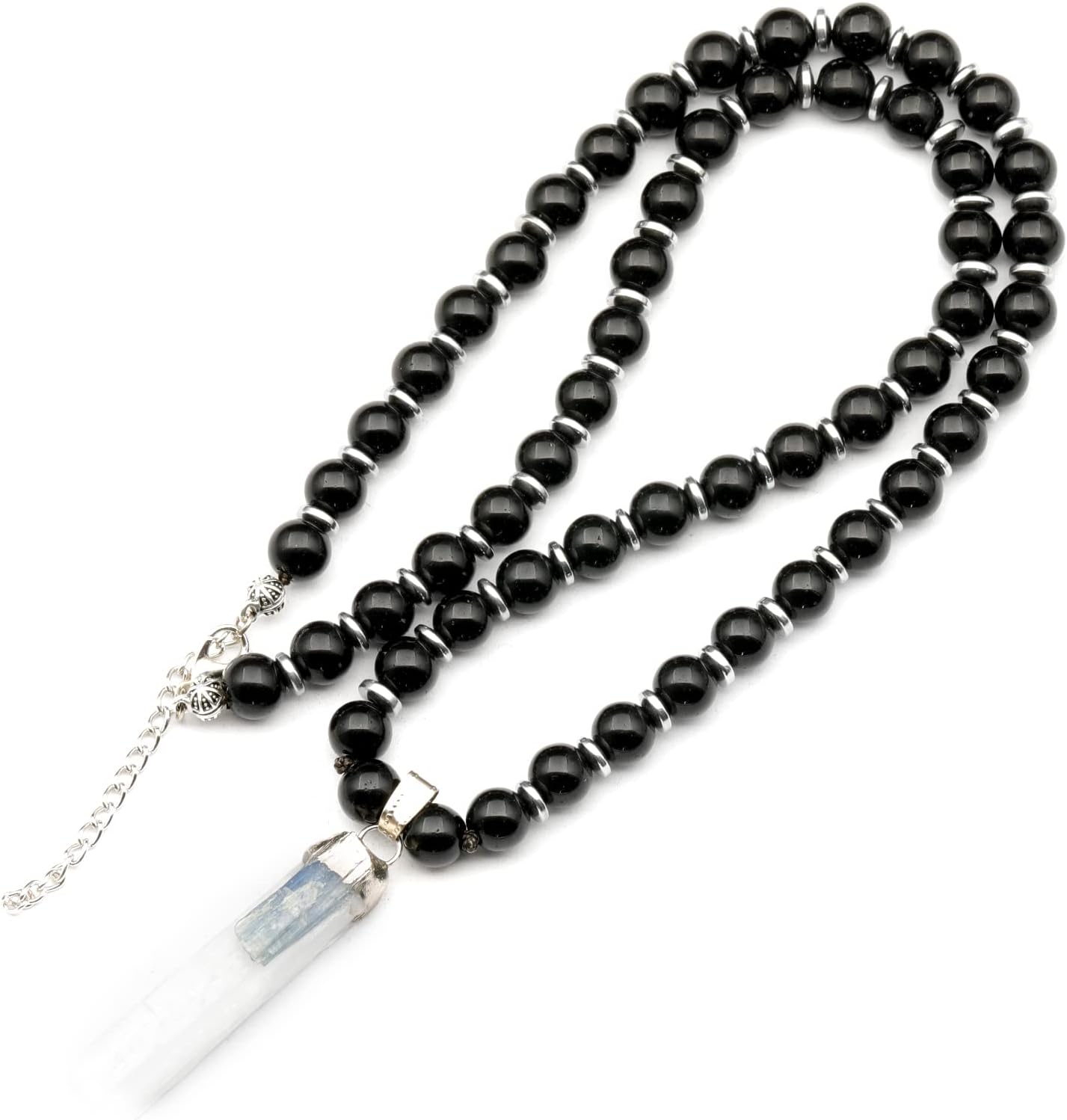 Natural Raw Tourmaline Pendant and Black Onyx Beaded Necklace