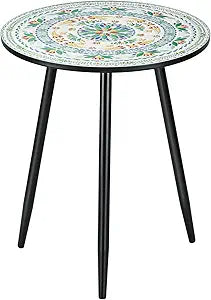 Round Side End Table with Unique Relief Ceramic Tile Top