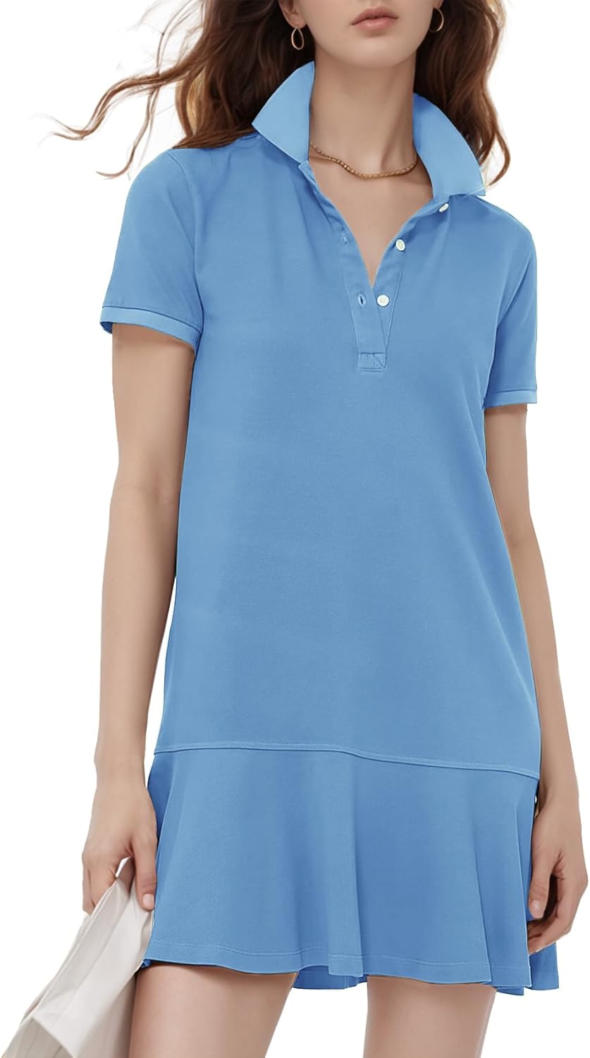 Flygo Womens Polo Dress Short Sleeve Ruffle Golf Tennis Style