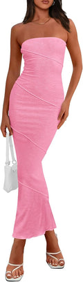 PRETTYGARDEN Ribbed Maxi Bodycon Dress - Flattering Strapless Fit Club