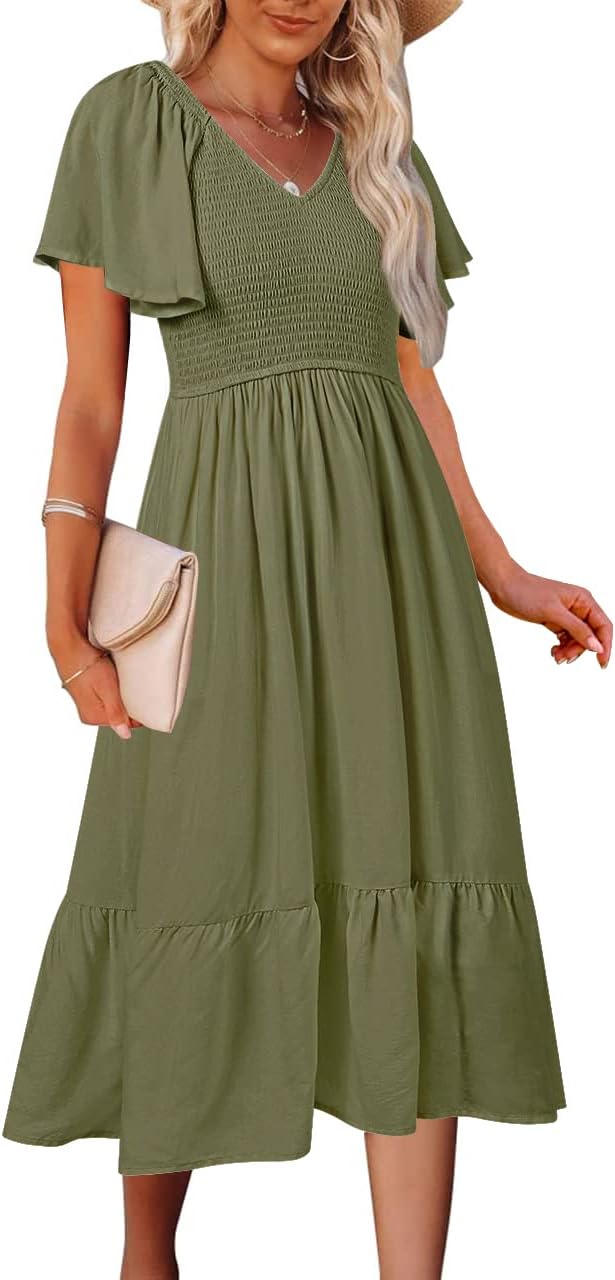 Stylish Summer Casual V Neck Ruffle Sleeve Midi Dress