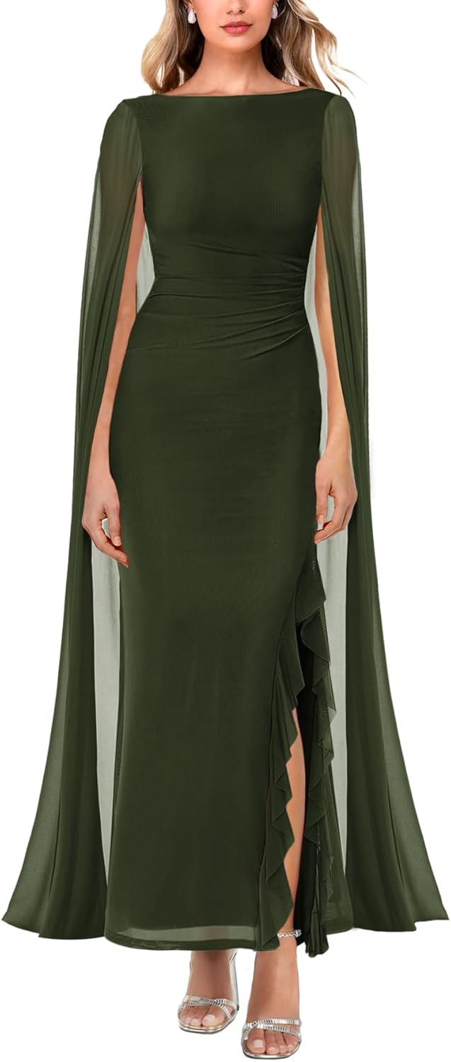 Elegant Long Sleeve High Split Mesh Ruched Formal Maxi Dress