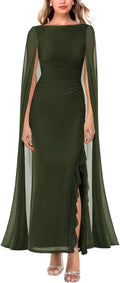 Women's Sexy Elegant Long Sleeve Mesh Ruched Maxi Dress - Cape Detail