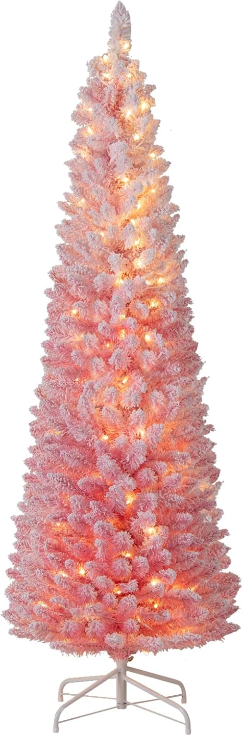 Goplus 6ft Pink Slim Pencil Christmas Tree with LED Lights