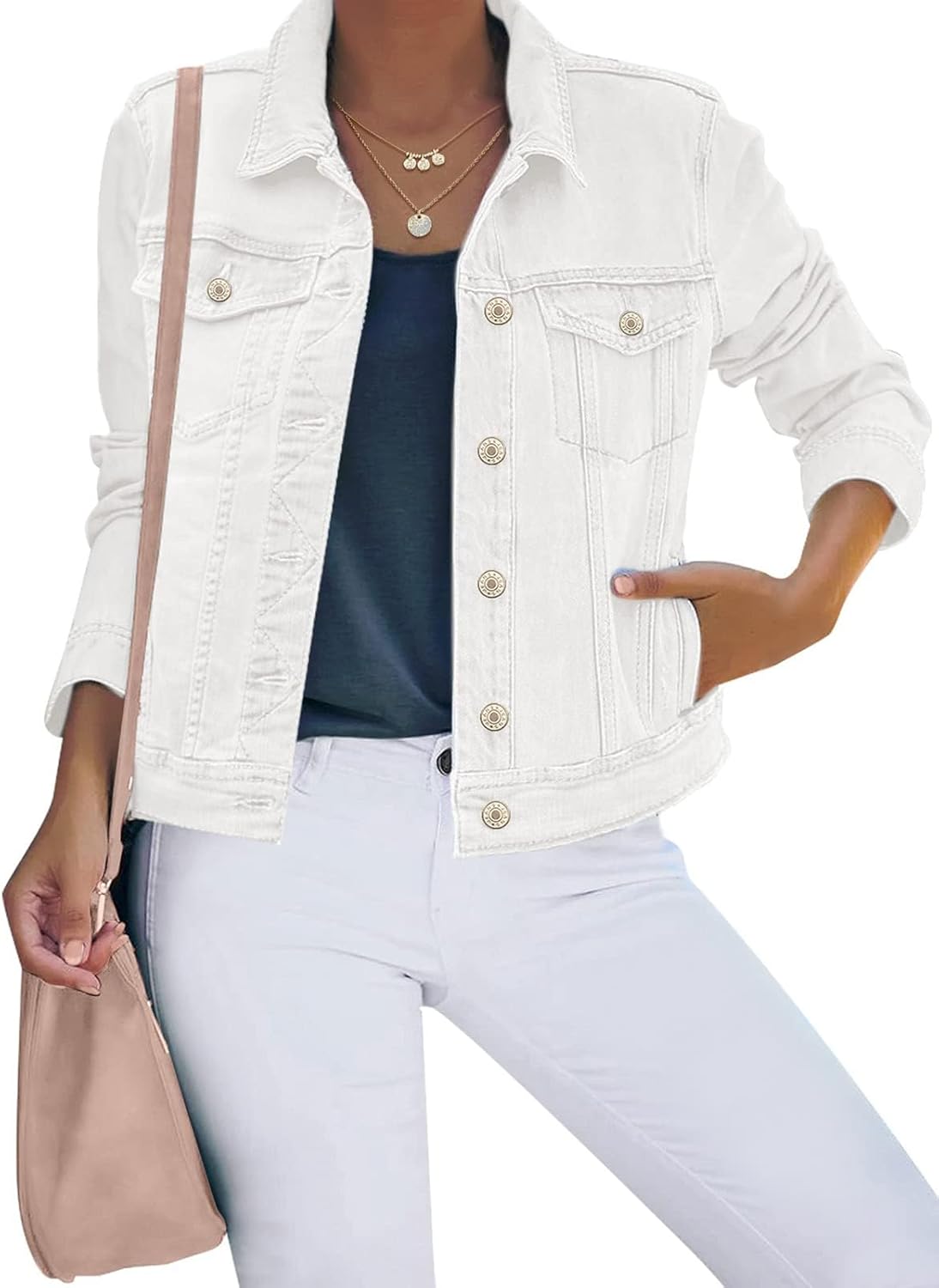 Luvamia Women's Basic Button Down Stretch Fitted Denim Jacket