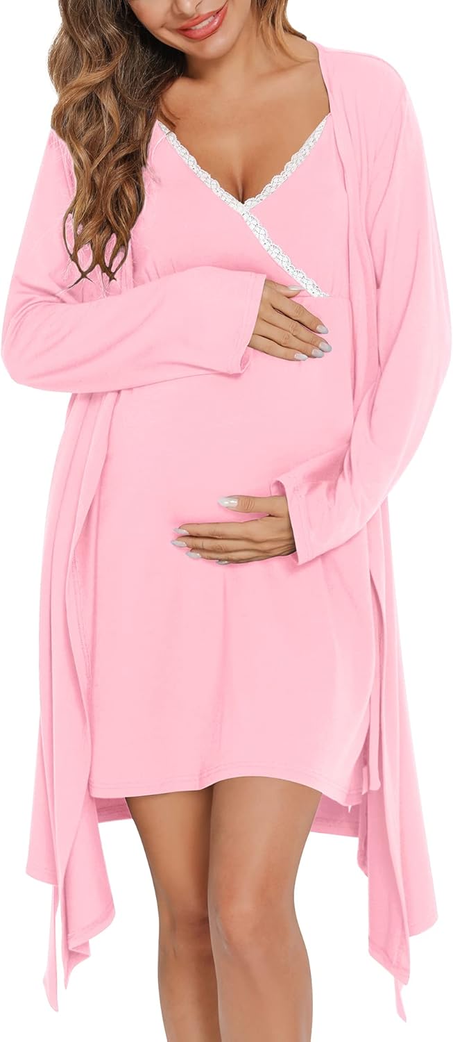 SWOMOG Womens Maternity Robe 2 Piece Nursing Nightgown Set