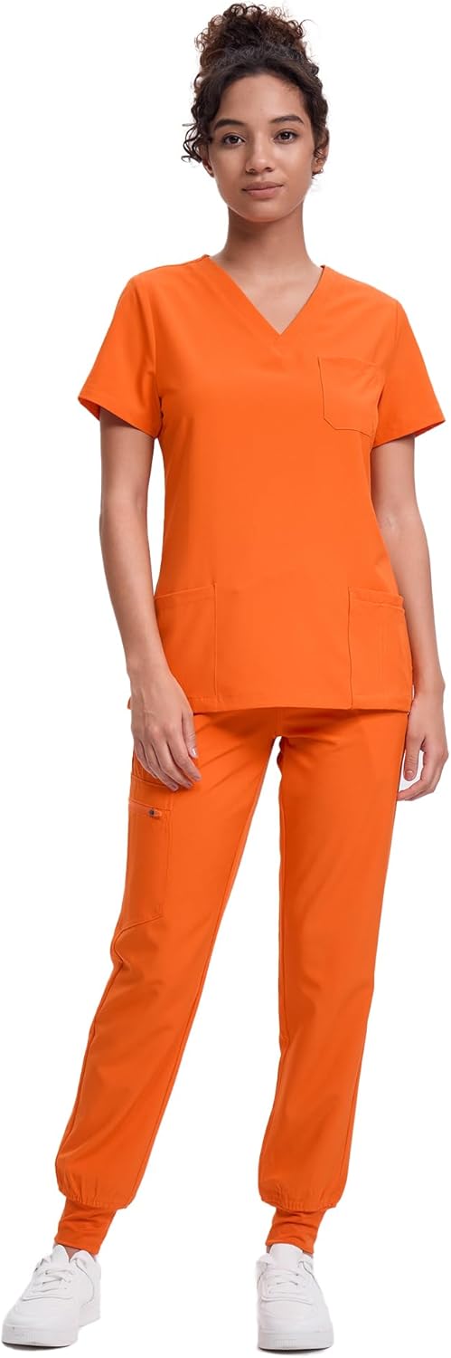 V-Neck Scrubs Top & Cargo Pants Set with 10 Pockets for Women