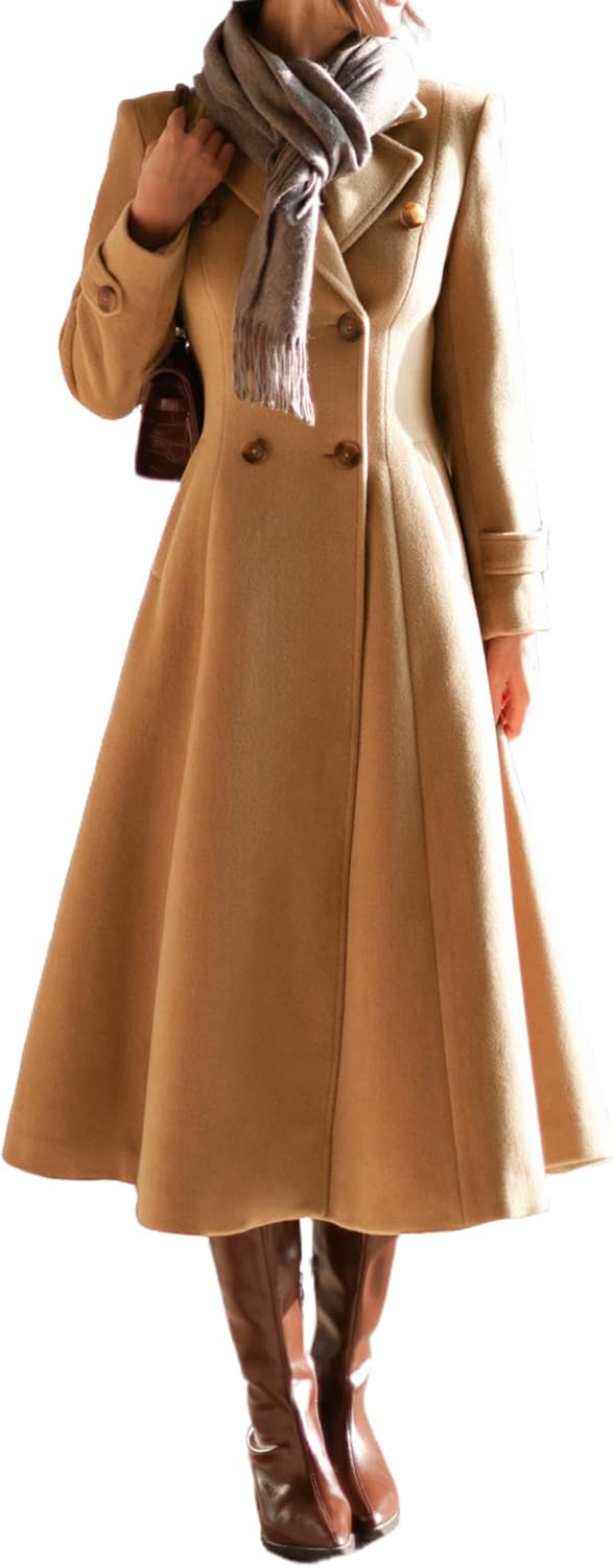 Womens Long Wool Coat Double Breasted Trench Peacoat Jacket