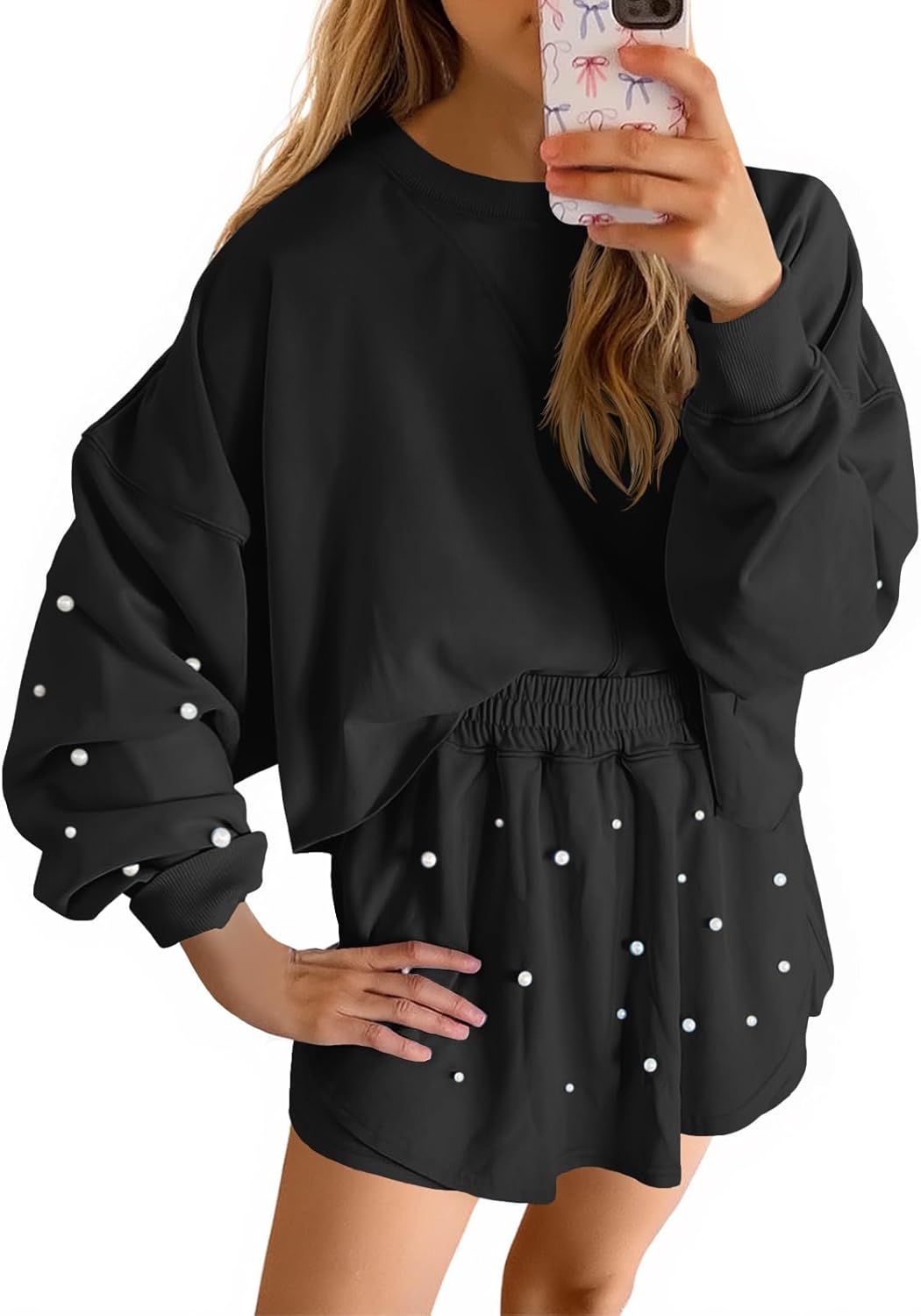 Fisoew Womens Lounge Sets with Pearl Long Sleeve Sweatshirt