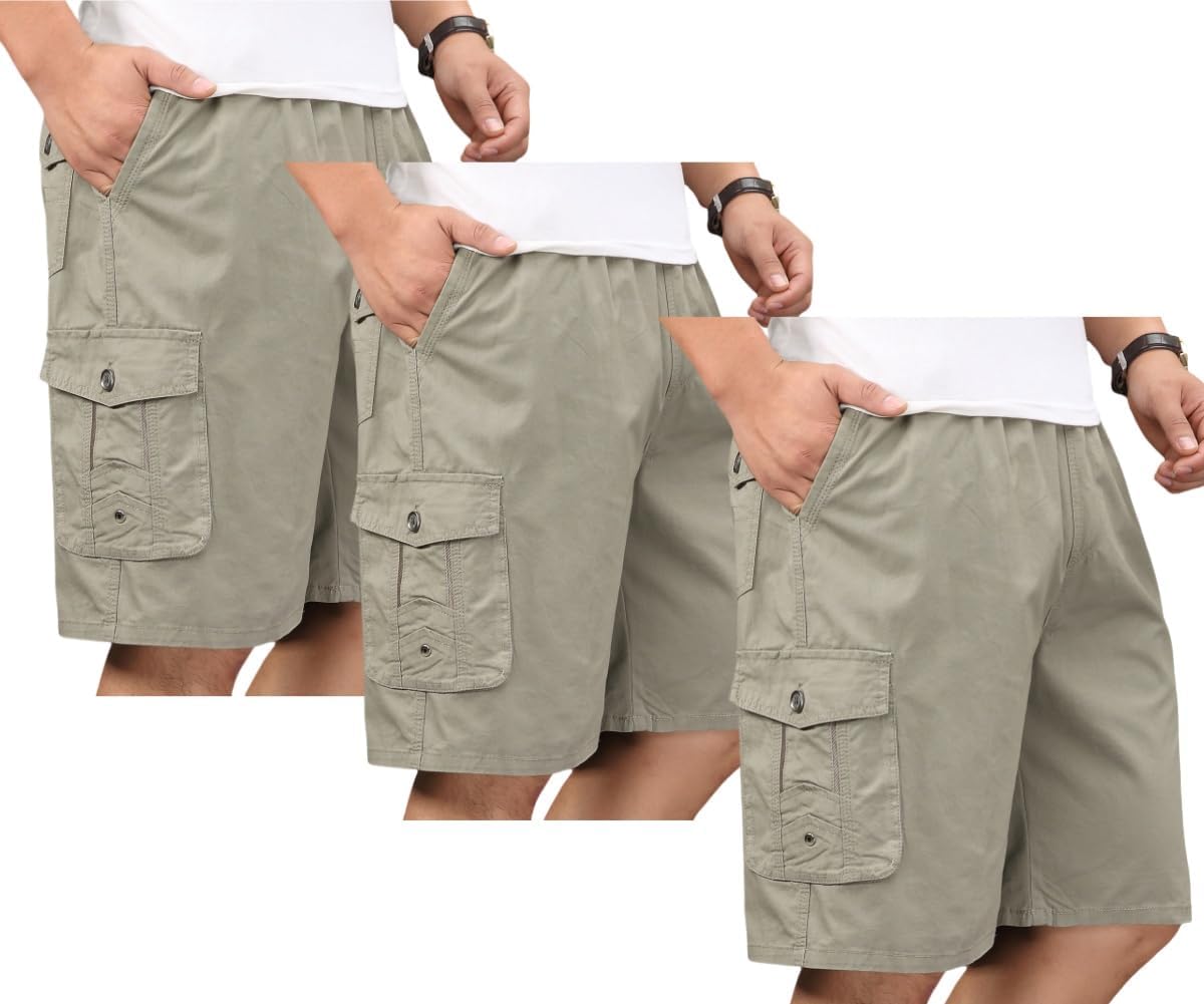 Men's Casual Twill Cargo Shorts with Elastic Waist and Pockets