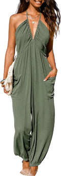 Olive Green Plunge Halter Maxi Jumpsuit for Women - Lightweight Rayon