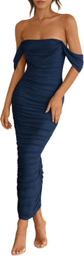 PRETTYGARDEN Off The Shoulder Ruched Bodycon Maxi Dress - Summer Night