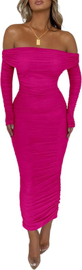 Off The Shoulder Maxi Dress - Fitted Ruched Long Sleeve Slit