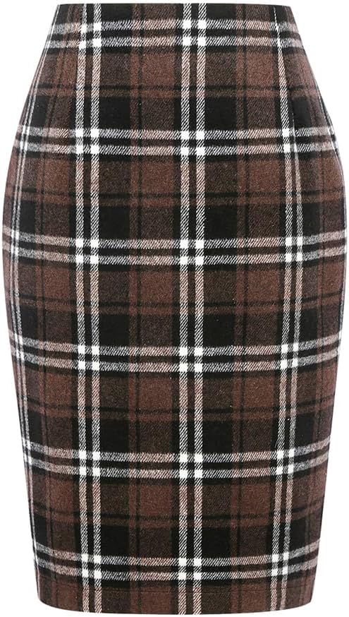 Womens Wool Plaid Pencil Skirt High Waisted Bodycon Midi Skirt