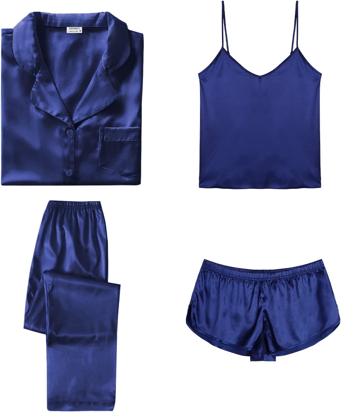 SWOMOG Womens Silk Satin Pajamas Set 4pcs Sleepwear Cami Shorts