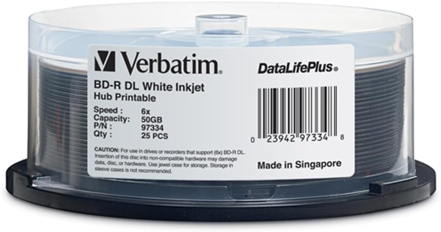 25pk BD-R DL 50GB 6X Spindle - White Inkjet Printable Discs