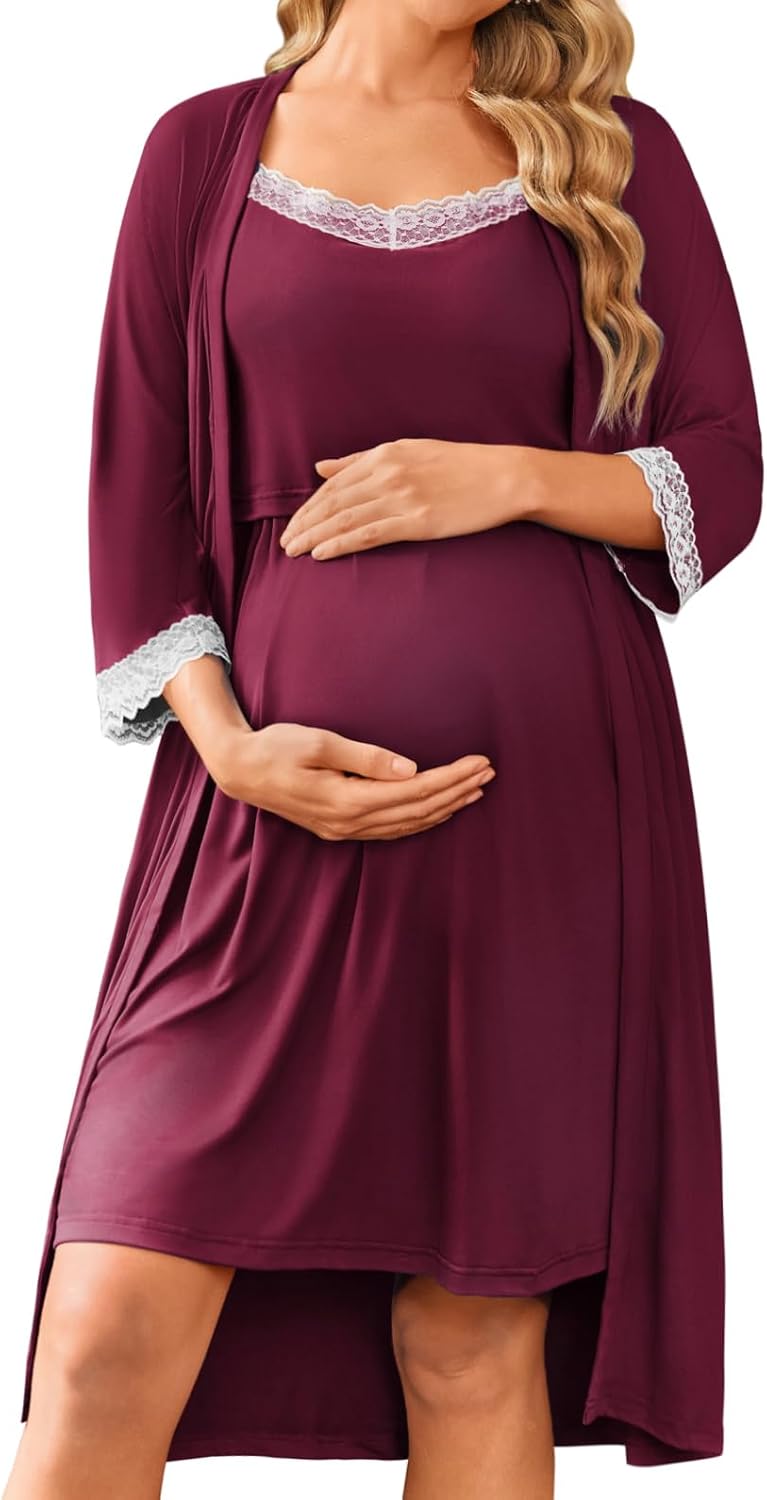 Ekouaer Women Lace Maternity Nursing Gown & Robe Set for Moms