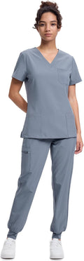 Women's V-Neck Scrubs Top & Cargo Pants Set - 10 Pockets, 4-Way fresh
