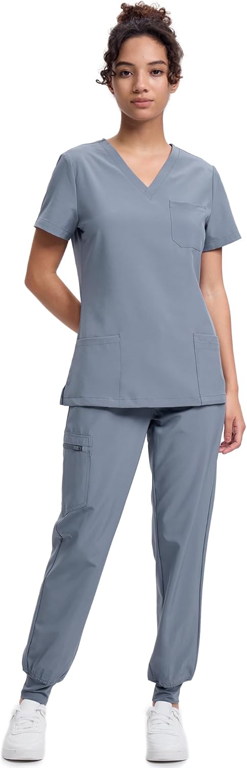 Women's V-Neck Scrubs Top & Cargo Pants Set with 10 Pockets