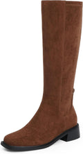 Knee High Boots for Women Faux Suede Low Heel Square Toe - Stretch Fit