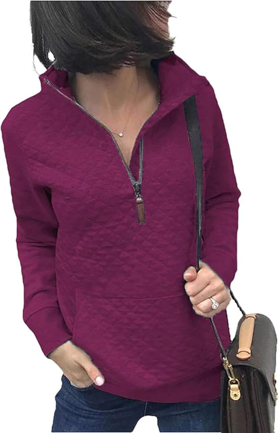 Quilted Pattern Lightweight Zipper Long Sleeve Sweatshirt for Women