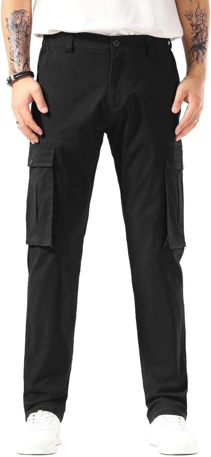 Plaid&Plain Mens Cargo Pants Tapered Stretch with 6 Pockets