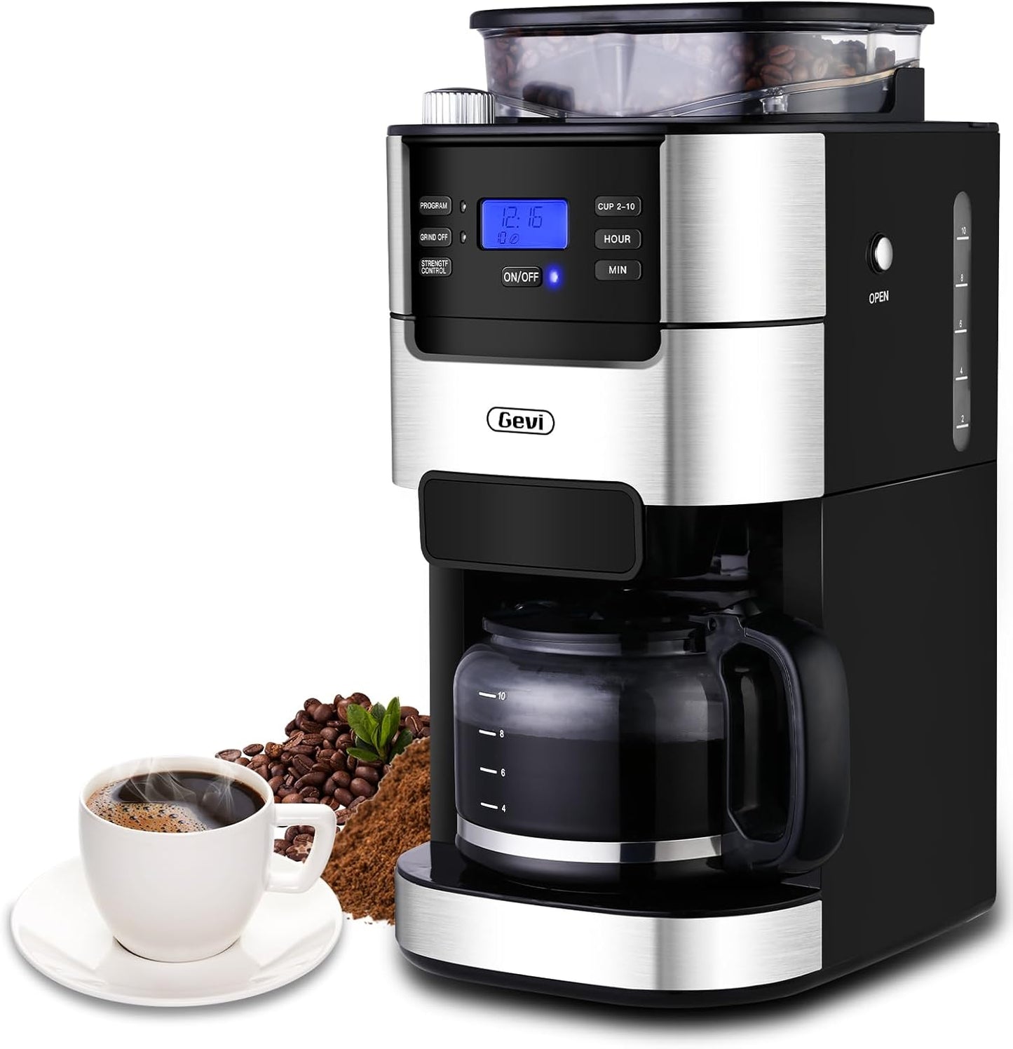 Gevi 10-Cup Coffee Maker with Built-in Burr Grinder for Fresh Coffee