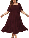 Women's Plus Size Flowy Maxi Dress Square Neck Smocked - Flattering