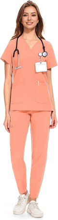 COZYFIT Medical Scrubs for Women Set - 8 Pockets, Curved V-Neck Sets