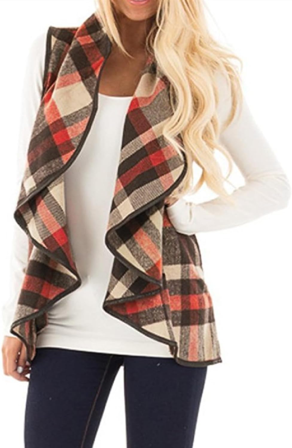 YACUN Women Plaid Vest Open Front Sleeveless Jacket with Pockets