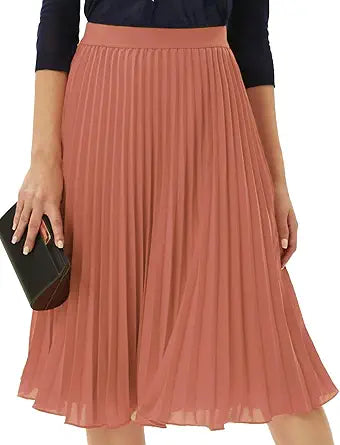 High Elastic Waist Pleated Chiffon Midi Swing Skirt for Women