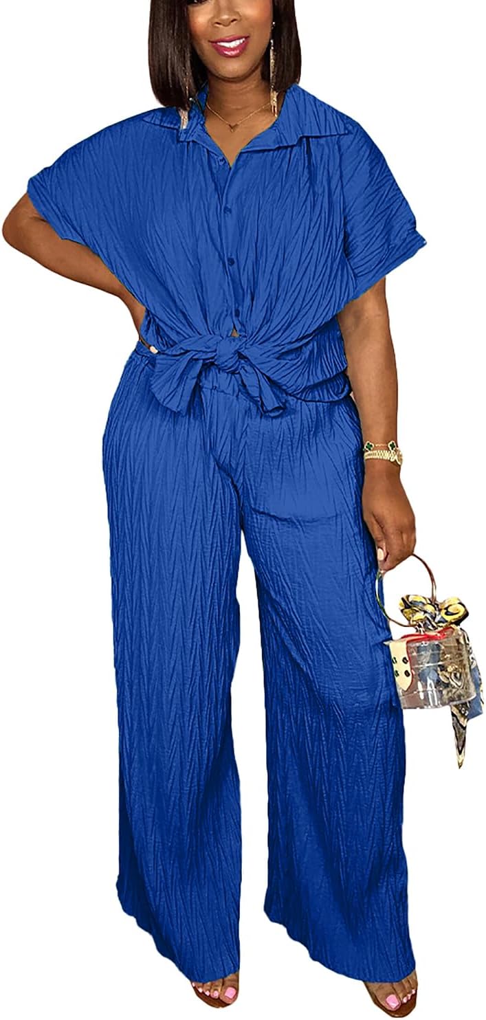 Casual Two Piece Set for Women - Stylish Button Down Shirt