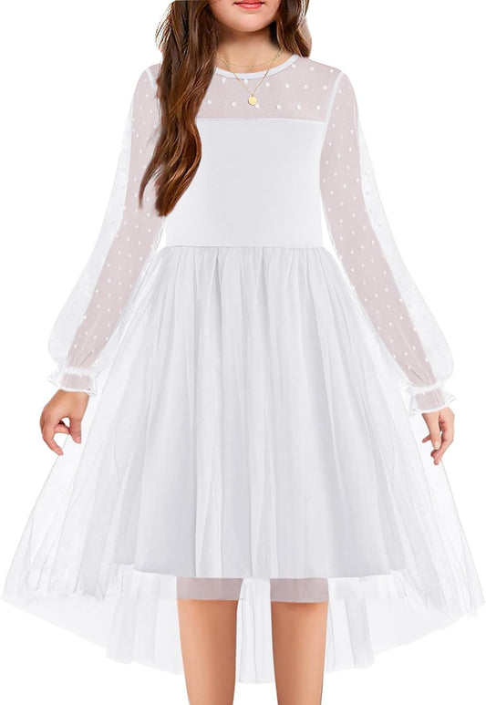Arshiner Girls Dresses Contrast Mesh Long Sleeve Twirly Dress