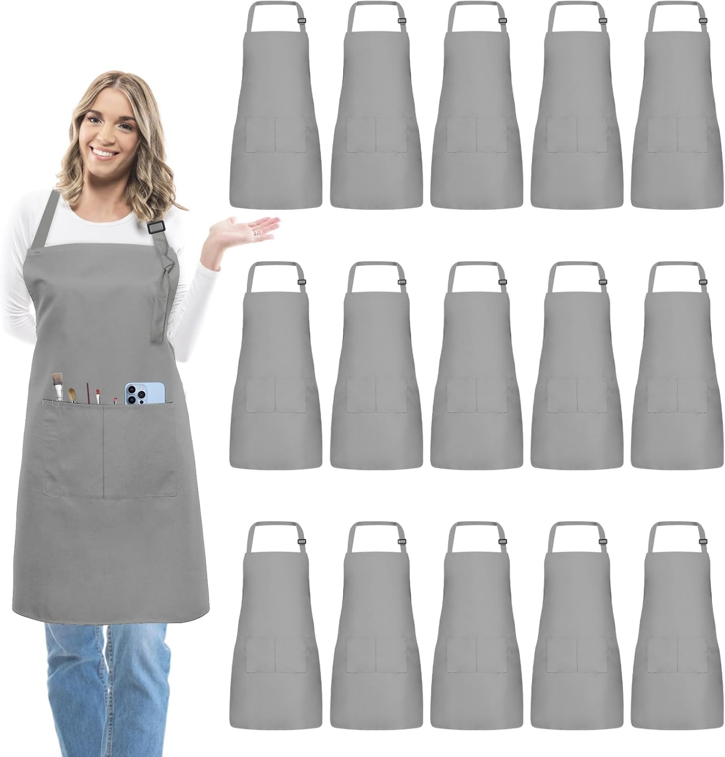 15 Pcs Adjustable Bib Chef Aprons with Pockets for Cooking