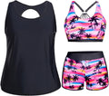 Holipick Women Plus Size 3 Piece Tankini Swimsuits - Pink Coconut Tree
