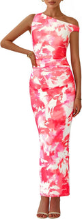Women's One Shoulder Floral Maxi Dress - Flattering Ruched Mesh Fit