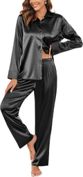 Classic Satin Pajamas for Women Long Sleeve Button Down Sleepwear Set