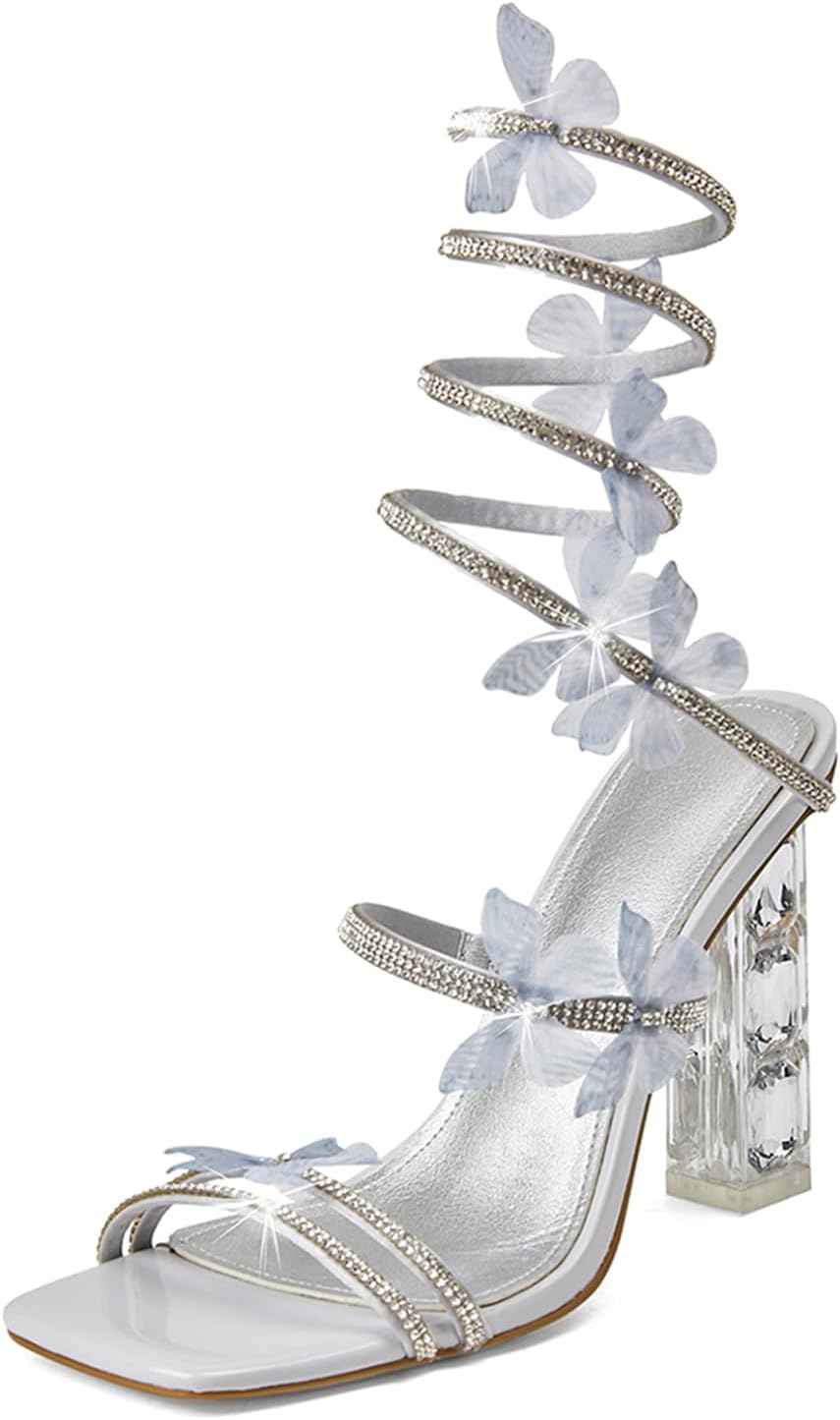 Womens Lace Up Sandals with Chunky High Heels and Rhinestones