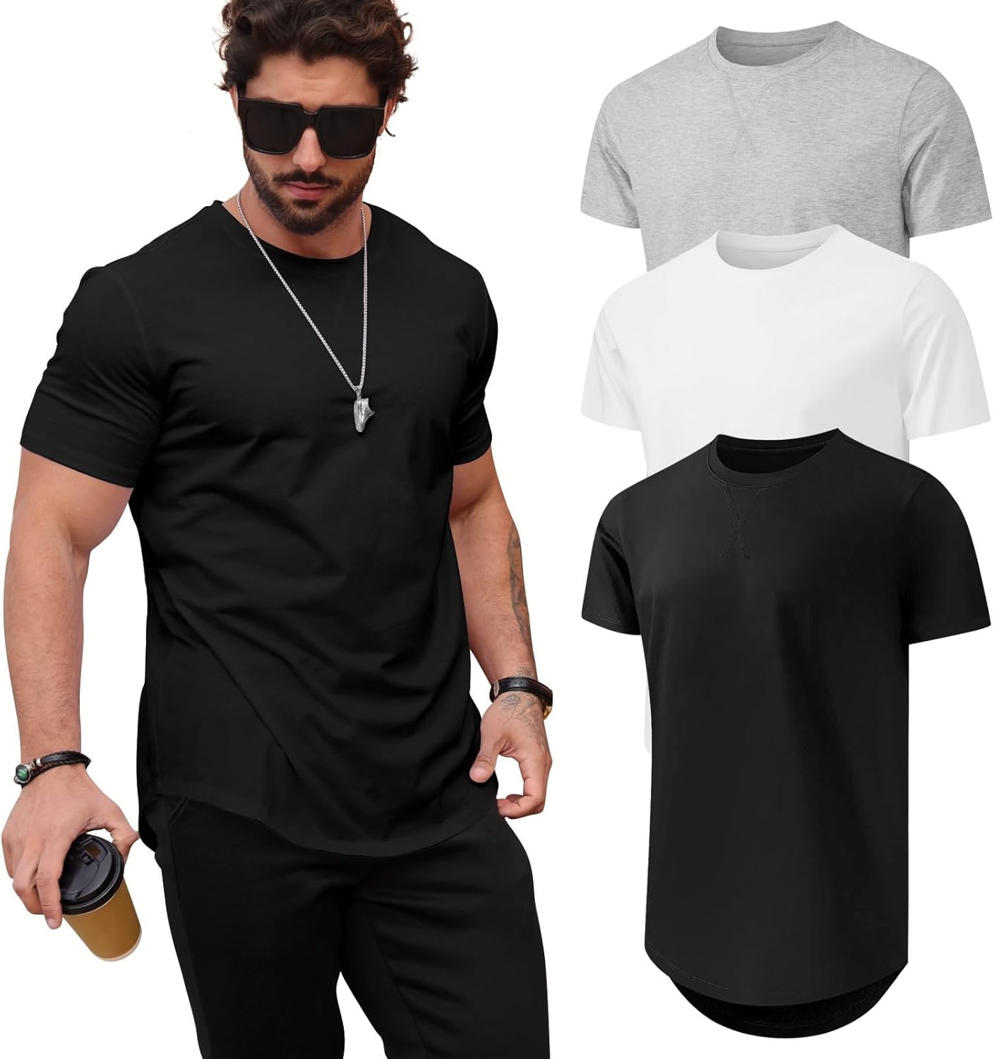 Mens T Shirts Casual Hipster Longline Crewneck Tee Shirts