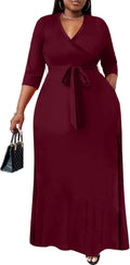 Plus Size Maxi Dress for Women - Flowy 3/4 Sleeve Wrap Dress Both