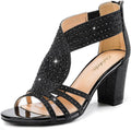 Women's Rhinestone Chunky Block Heel Sandals - Zipper Back Dressy