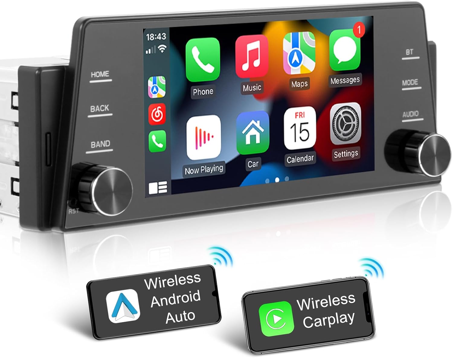 Single Din Car Stereo with Wireless Apple Carplay & Android Auto