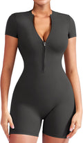 Women Short Sleeve Workout Jumpsuit Zip Up Romper (Style 5PRY)