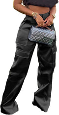Women High Waisted Satin Cargo Pants Wide Leg - Casual Satin Trousers