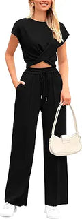 PRETTYGARDEN Twist Front Crop Top And Wide Leg Pants Set - Breathable